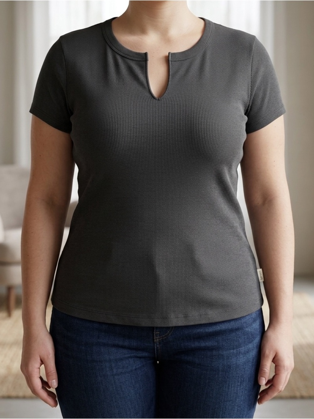 UpWest Short Sleeve Notch Neck Ribbed Top N128-35